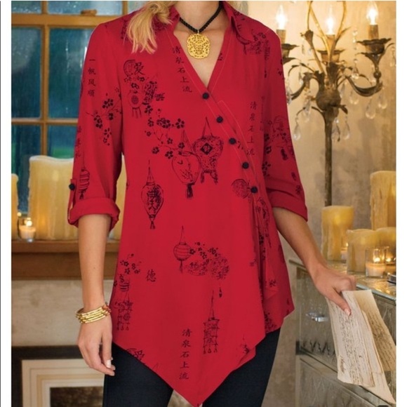 Soft Surroundings Pagoda Tunic XL Blouse Oriental Asian Red Black Office Career - Picture 3 of 7